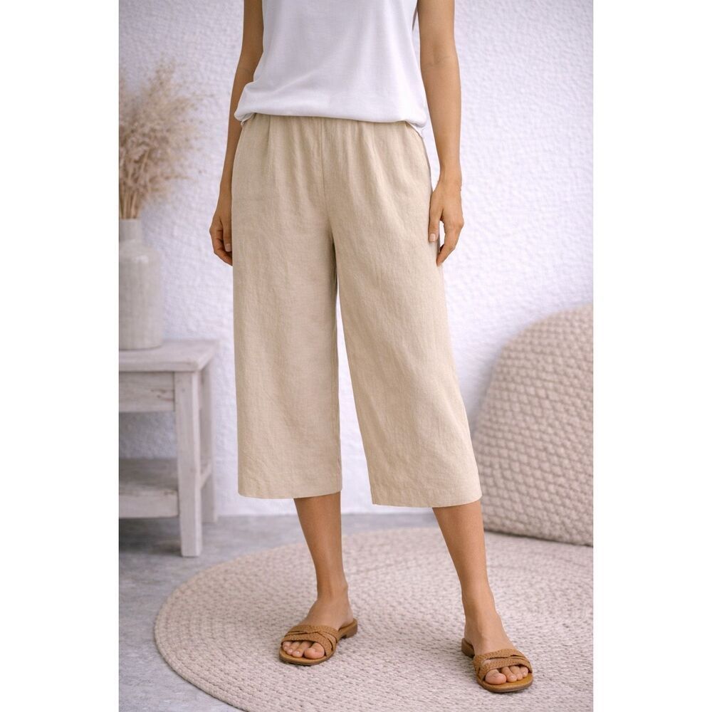 Bogari Linen Blend Cropped Wide Leg Pants Beige Minimal Chic Size M